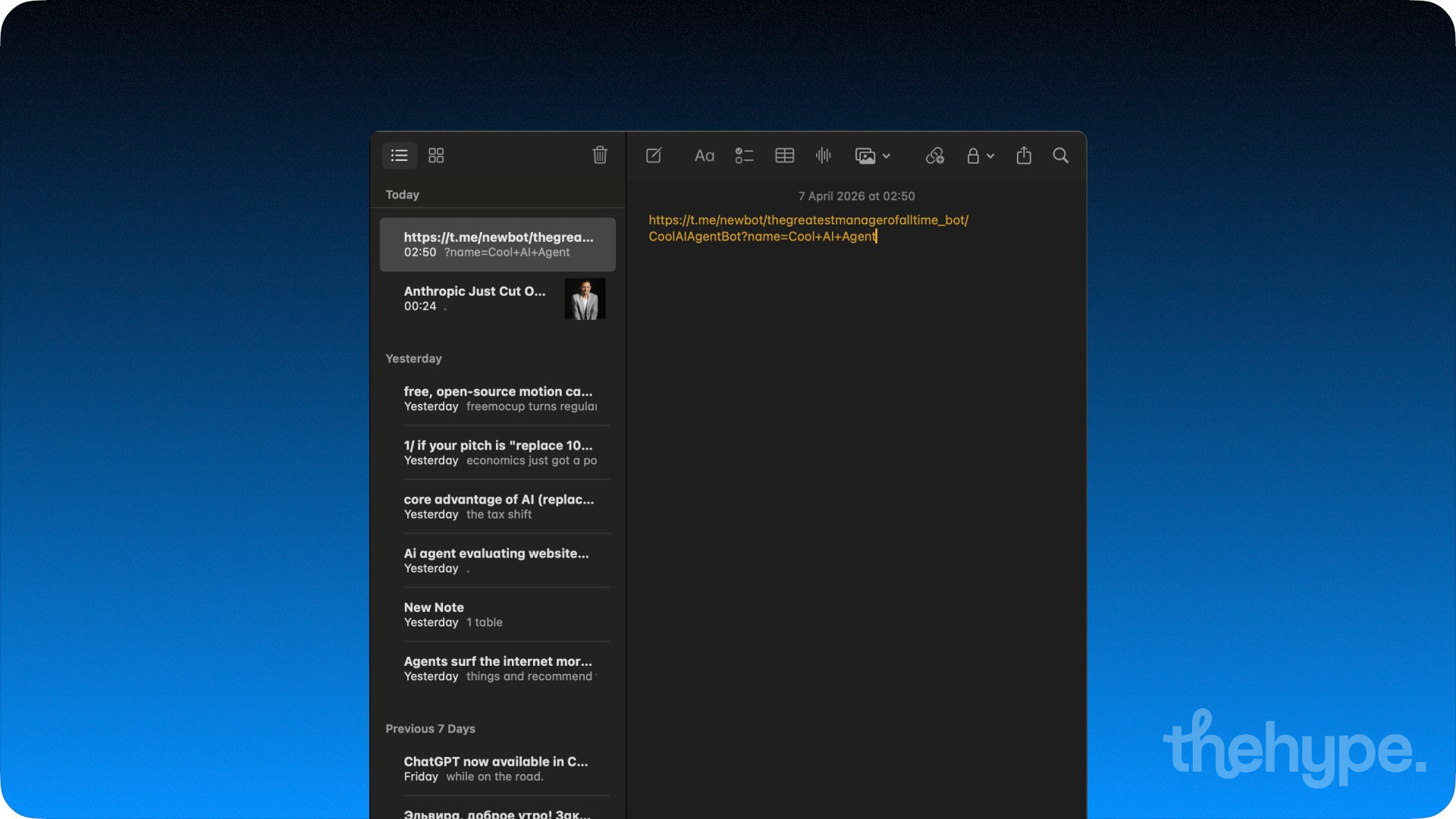 Apple Notes with Telegram deep link URL for automated bot creation via t.me/newbot parameters