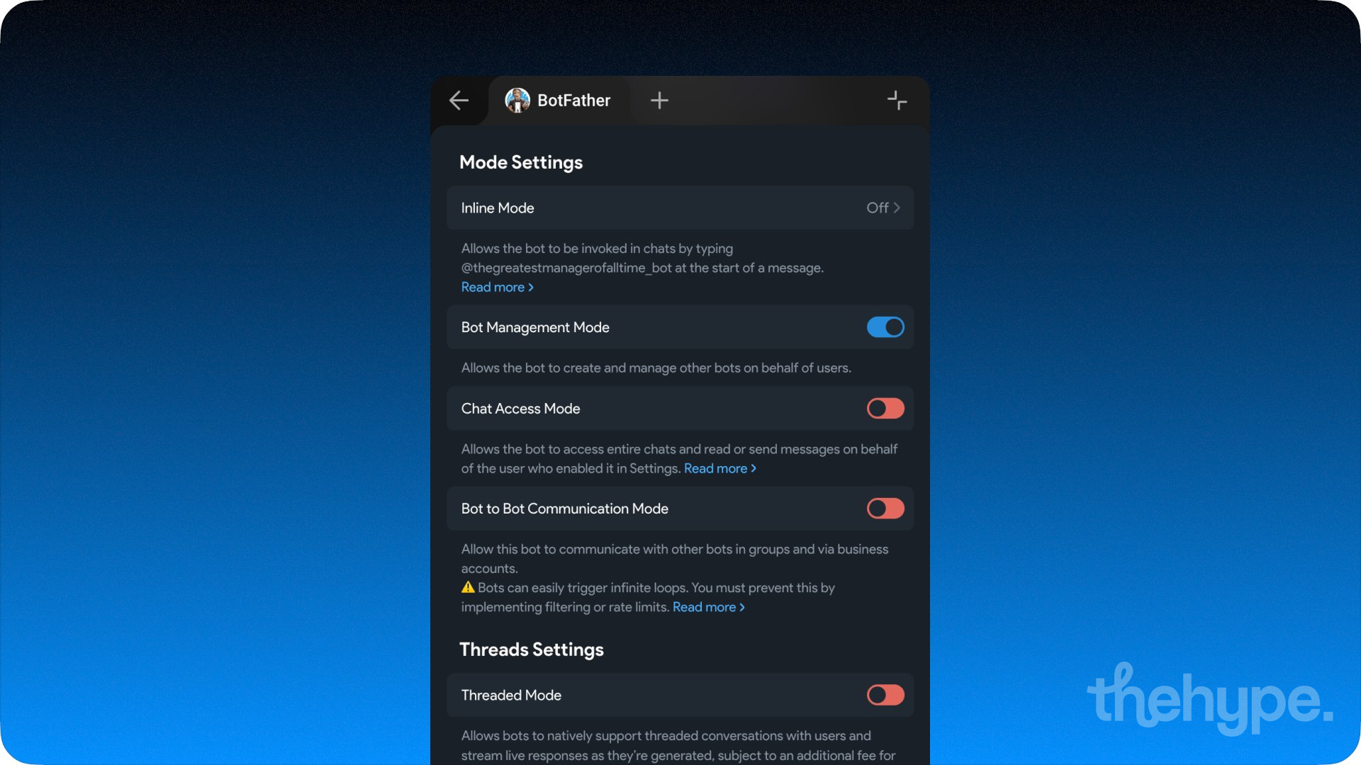 BotFather Mode Settings with Bot Management Mode toggle enabled on Telegram
