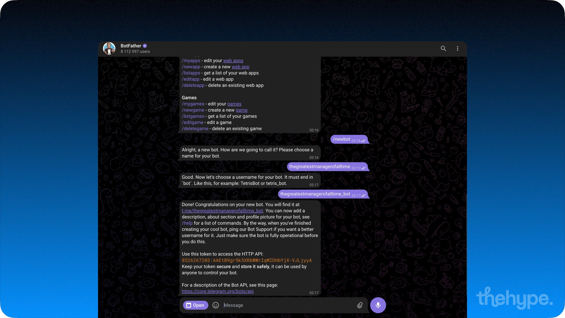 BotFather /newbot command flow showing bot creation and HTTP API token in Telegram
