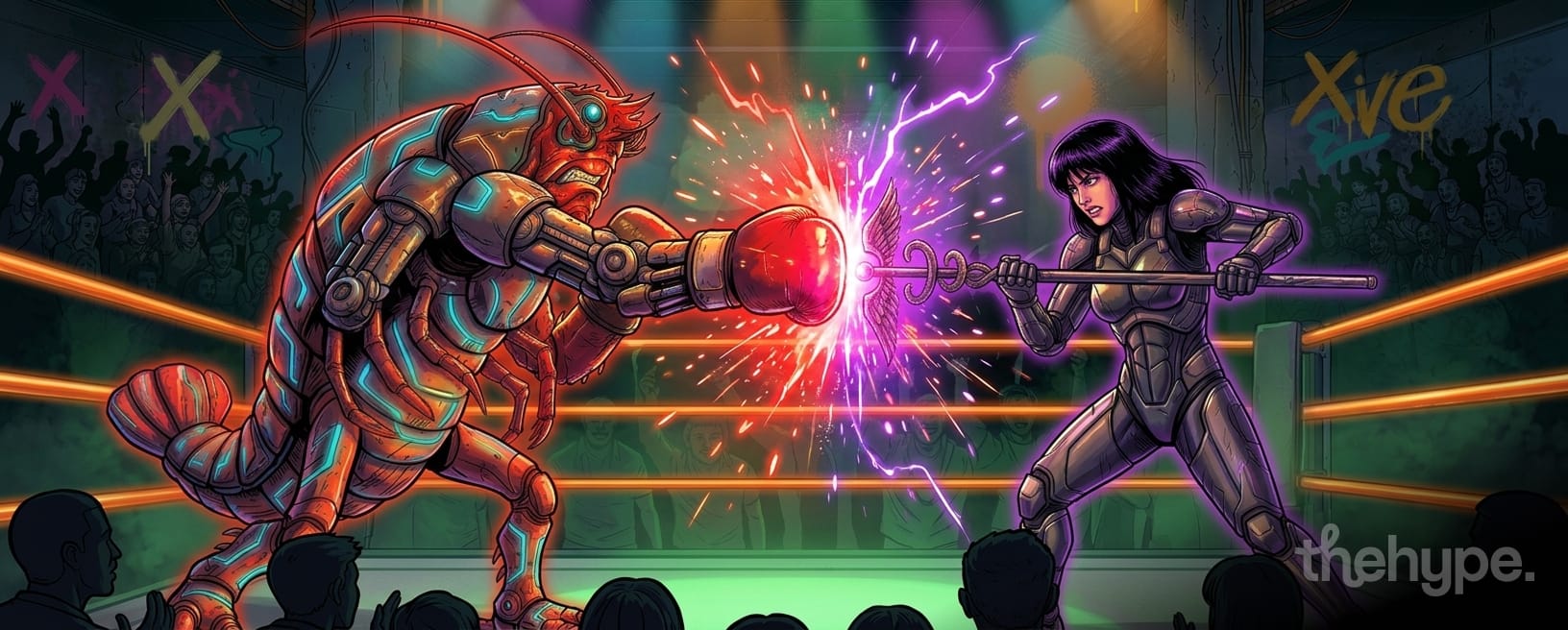 Openclaw lobster robot punches Hermes Agent warrior — AI agent battle comic art in neon boxing ring