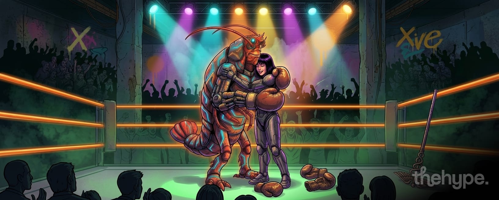 Openclaw and Hermes Agent hugging after fight — AI agents reconcile in boxing ring, crowd cheering