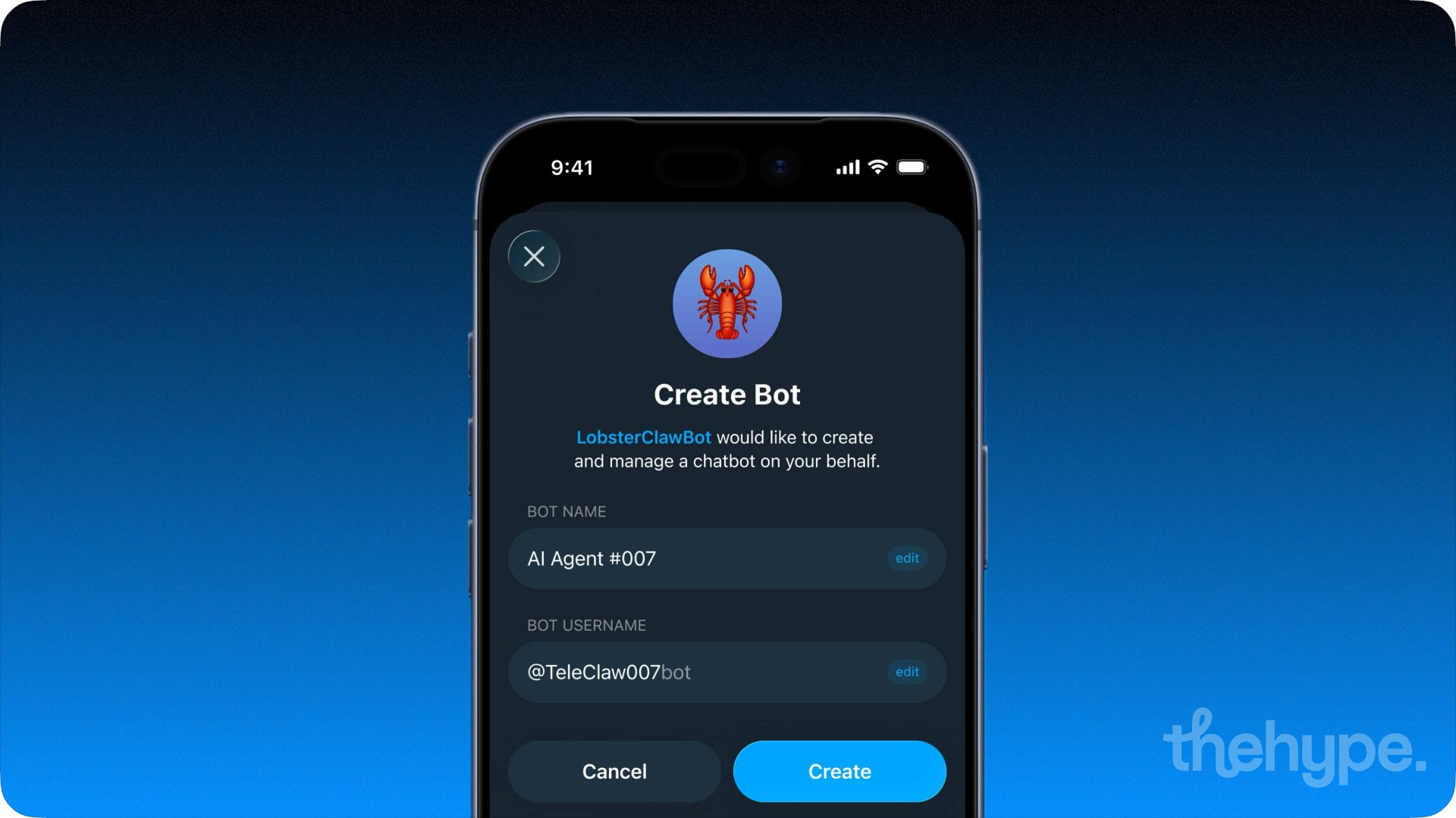 Telegram Create Bot permission screen on iPhone requesting access to build a chatbot on user behalf