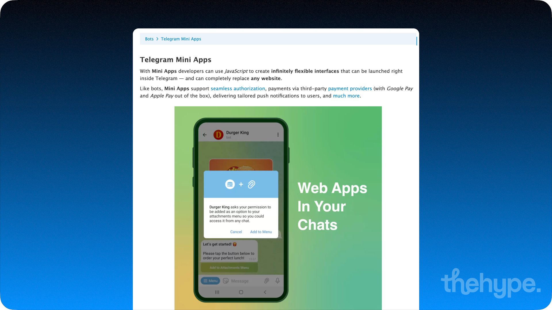 Telegram Mini Apps documentation page explaining JavaScript web apps with seamless authorization