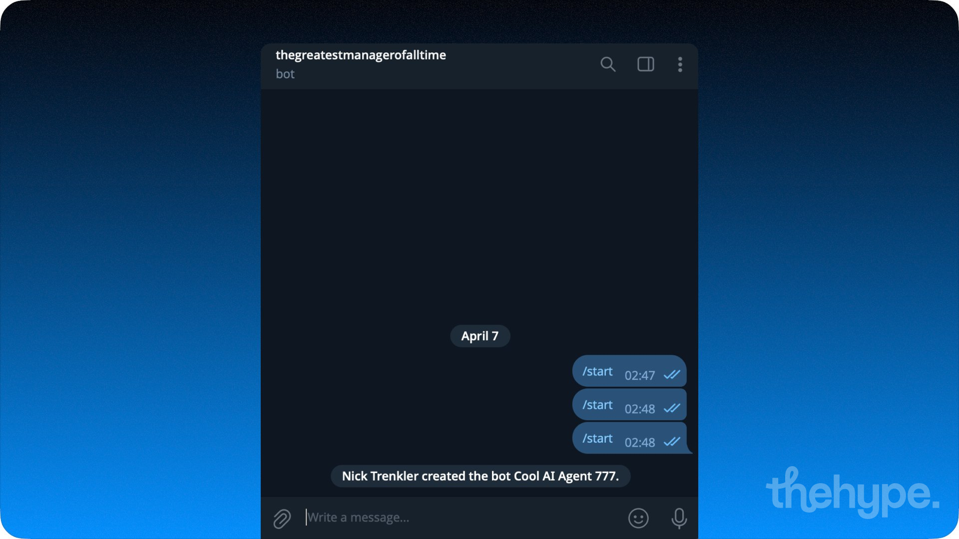 Telegram chat confirming successful bot creation via automated /start command