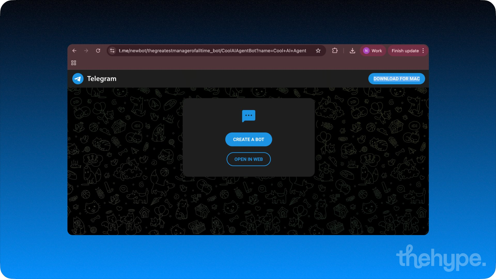 Telegram web page with Create a Bot button opened from deep link in browser