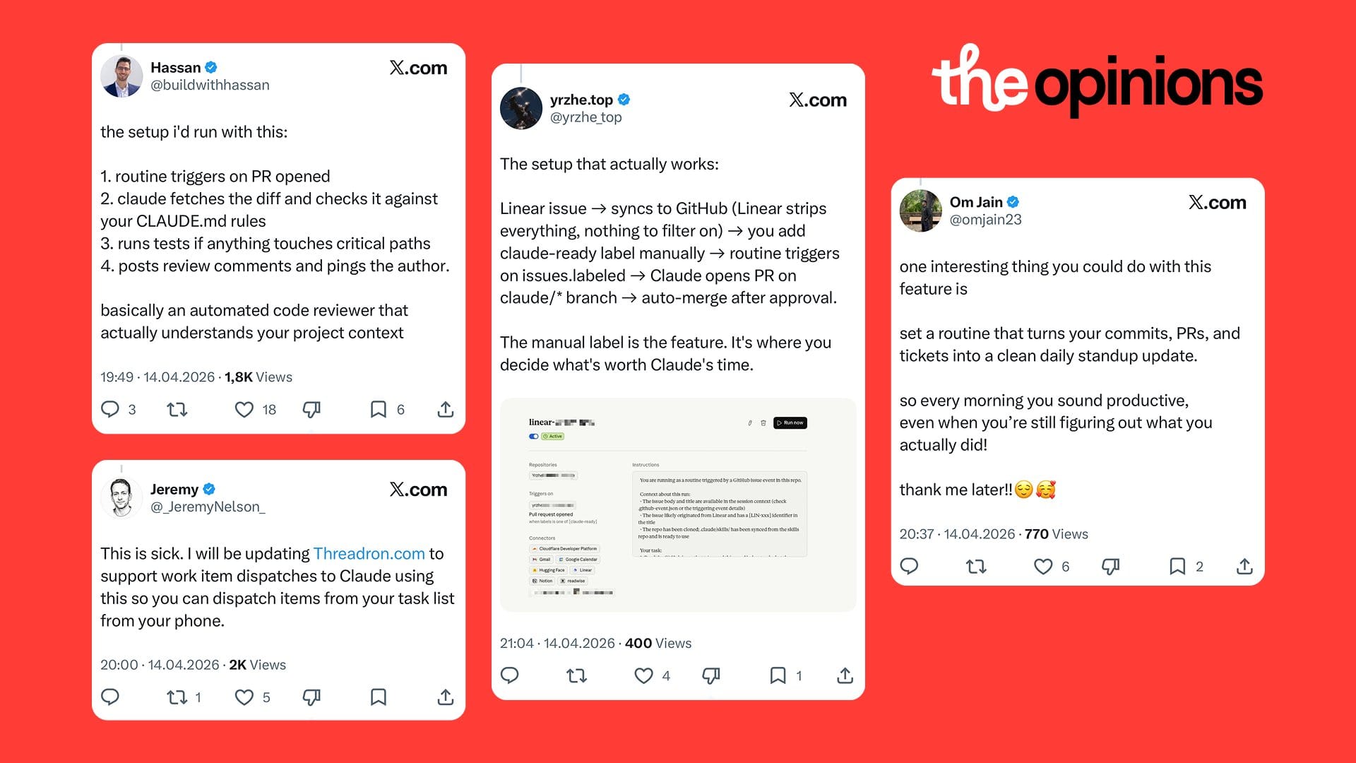 Four red-background tweets reacting to Claude Routines — setups for PR review, Linear-to-GitHub syncs, and daily standup automation.