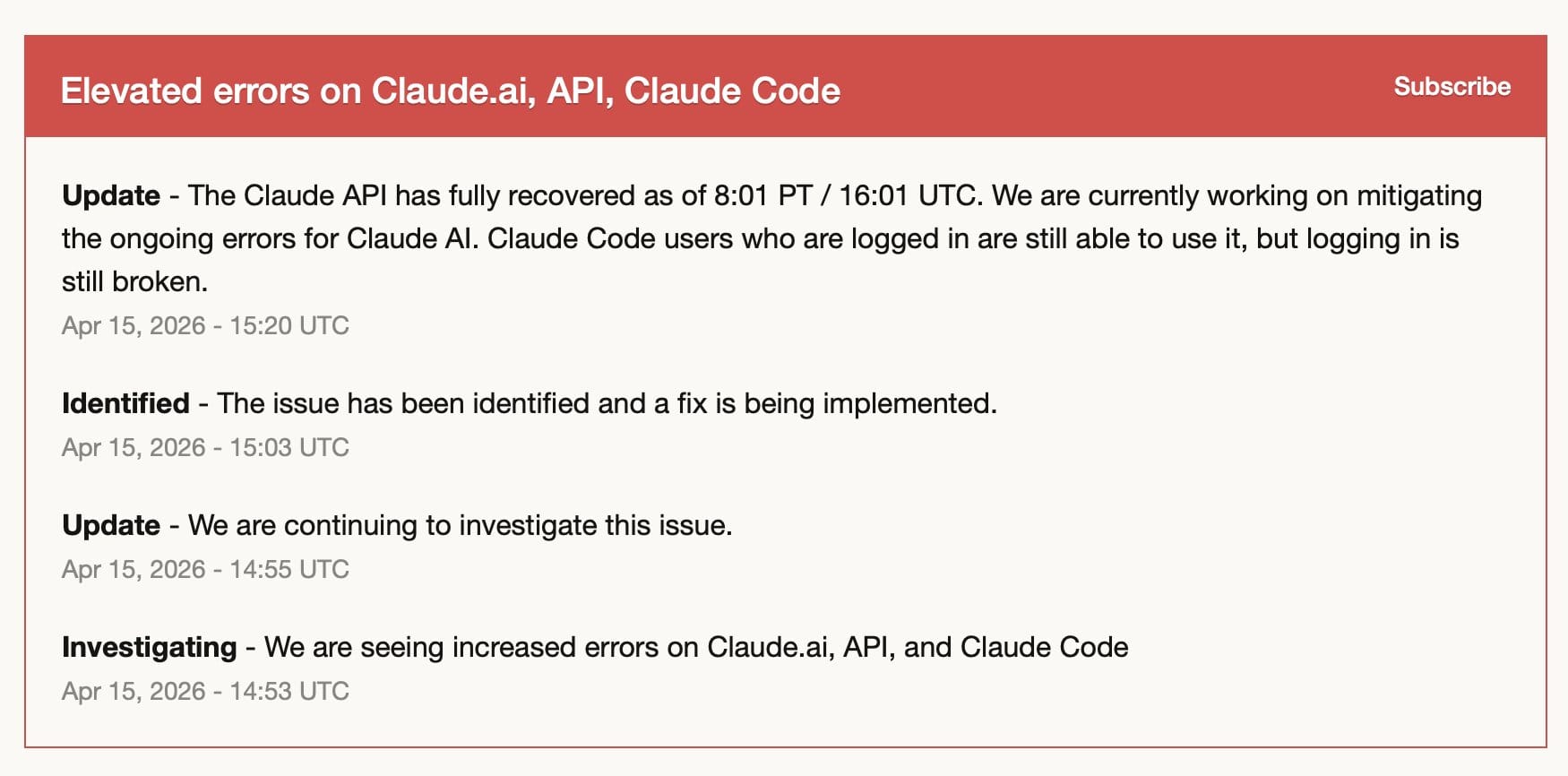 Anthropic status page screenshot logging elevated errors on Claude.ai, API, and Claude Code with API recovery noted at 16:01 UTC.