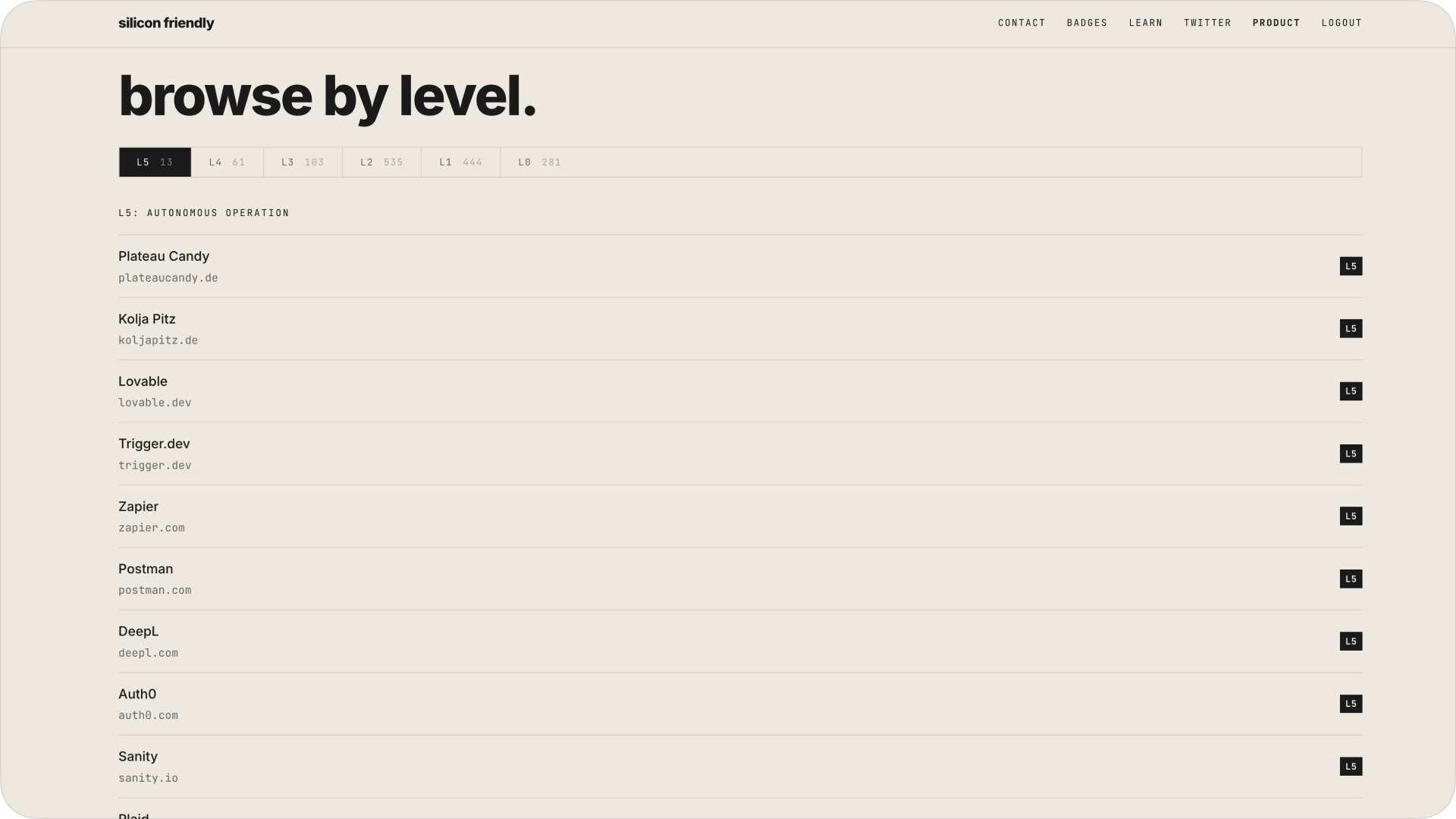 Silicon Friendly tool browsing websites by AI-readiness level, showing L5 Autonomous Operation ranking of sites like Zapier, Postman, and Auth0