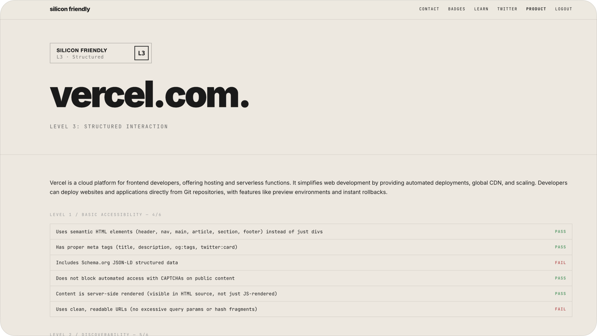 Silicon Friendly audit report for vercel.com scored at Level 3 Structured Interaction with semantic HTML, meta tags, and schema checks