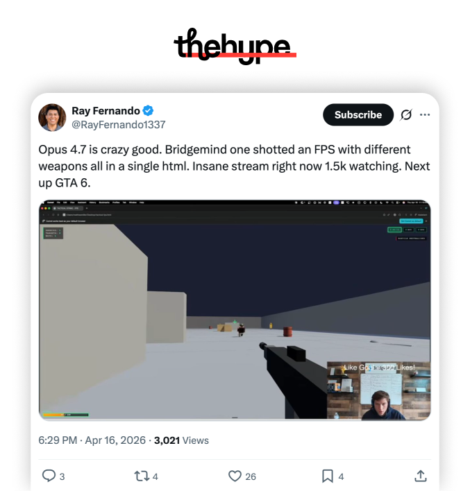 Ray Fernando's tweet: Opus 4.7 one-shotted an FPS with multiple weapons in a single HTML file during a live stream.