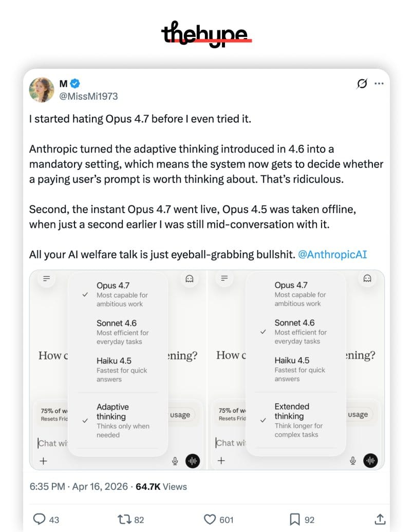MissMi1973's tweet comparing Sonnet 4.6 with extended-thinking toggle to Opus 4.7's mandatory adaptive mode.