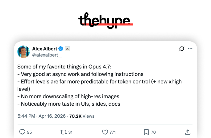 Anthropic's Alex Albert lists Opus 4.7 wins: async work, predictable effort levels, no image downscaling, better UI taste.