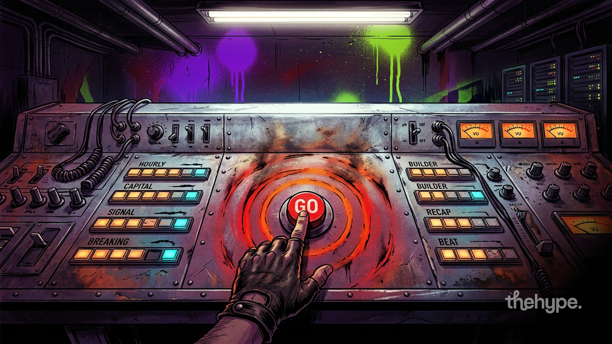 Gloved hand presses a red GO button on a broadcast console with labeled segments: hourly, capital, signal, breaking, builder, recap, beat
