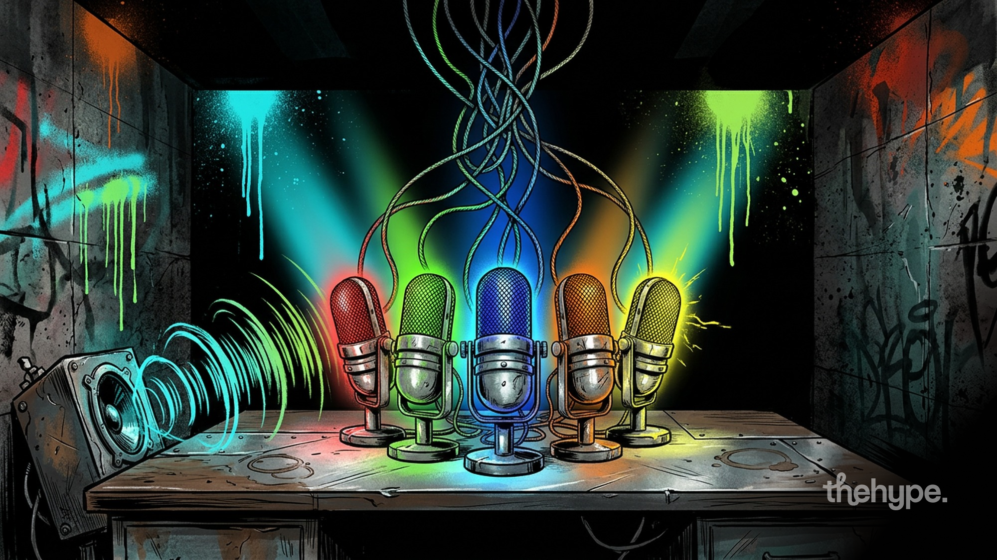 Five colored vintage microphones on a studio table with tangled cables and neon-lit graffiti walls, illustrating thehype radio's 5 AI hosts