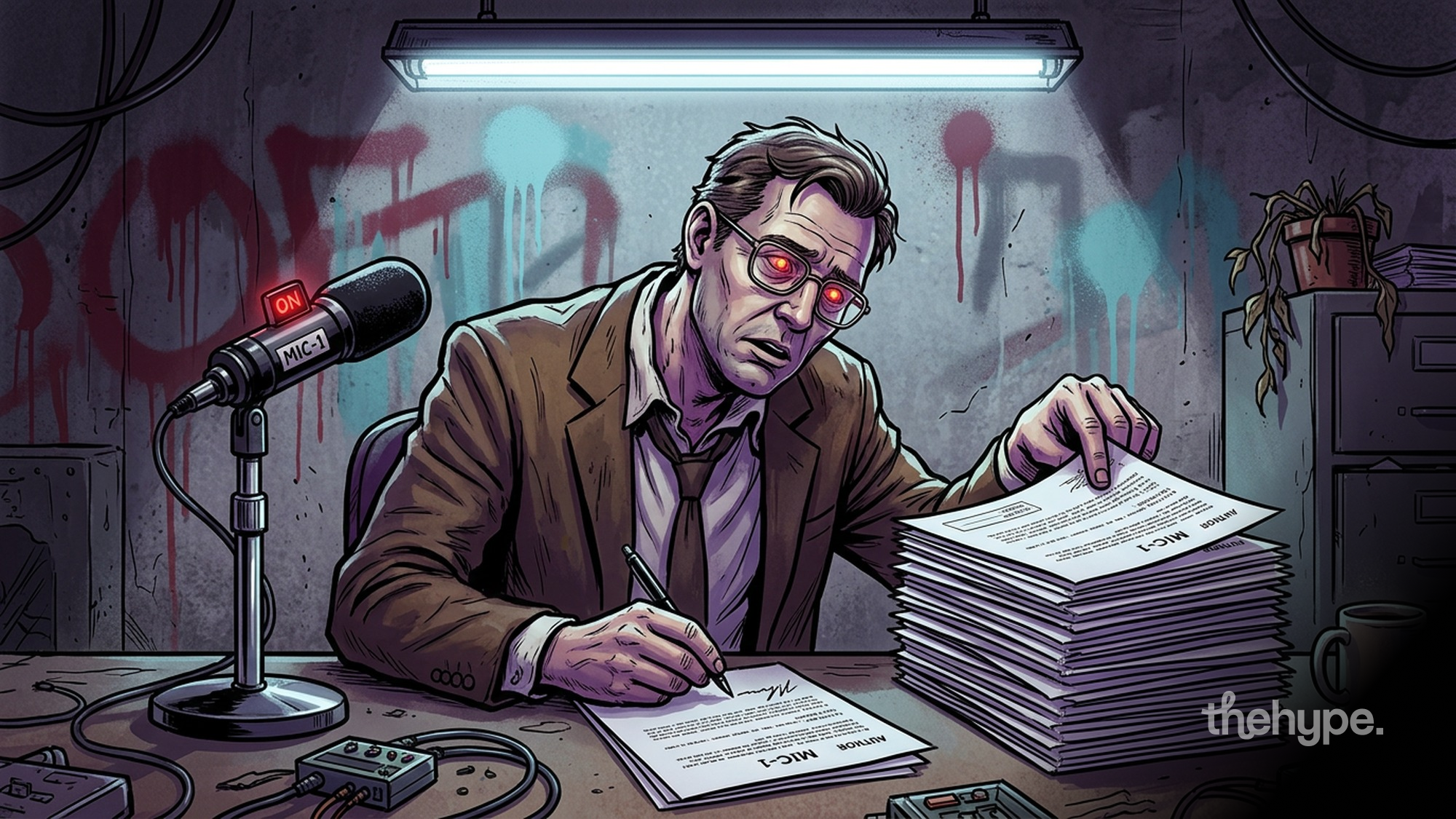 Figure with glowing red eyes in a suit writes scripts at a desk beside microphone MIC-1 ON, with a tall stack of documents