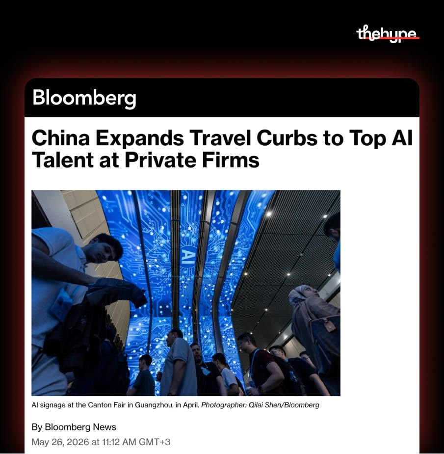 Bloomberg headline on China expanding travel restrictions to top AI talent at private firms, AI signage at Canton Fair