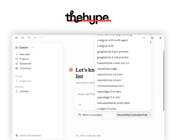 Claude desktop Cowork tab dropdown showing third-party models — Grok 4.20, Lyria 3, MiMo V2, MiniMax M2, GPT-5.4, Mistral, GLM-5.