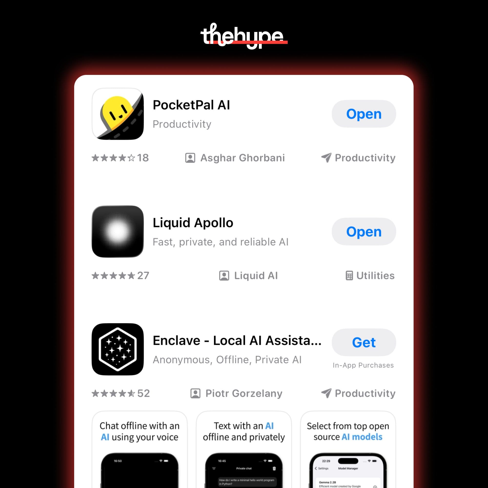 iOS App Store listings for PocketPal AI, Liquid Apollo, and Enclave Local AI Assistant — three apps to run local AI models on iPhone.