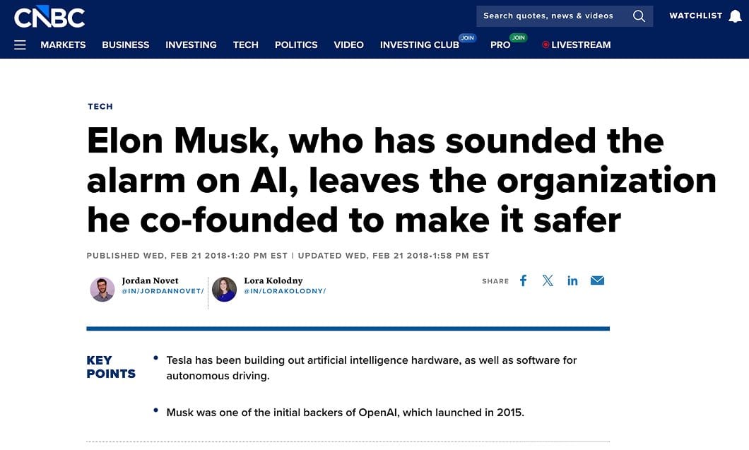 CNBC headline from Feb 21, 2018 reporting Elon Musk leaving the OpenAI board to focus on Tesla's competing AI and autonomous driving work.