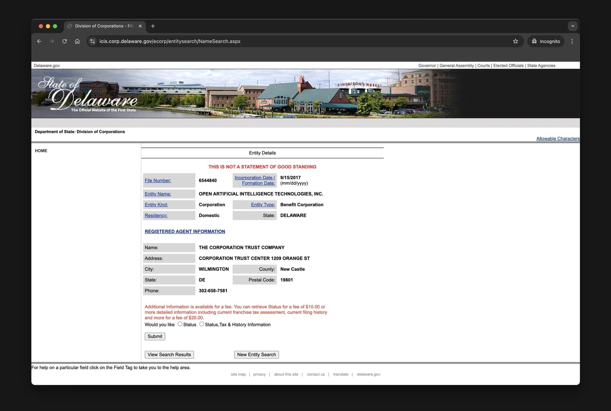 Delaware corporate registry showing Musk's "Open Artificial Intelligence Technologies, Inc." filed as a Benefit Corporation on 9/15/2017.