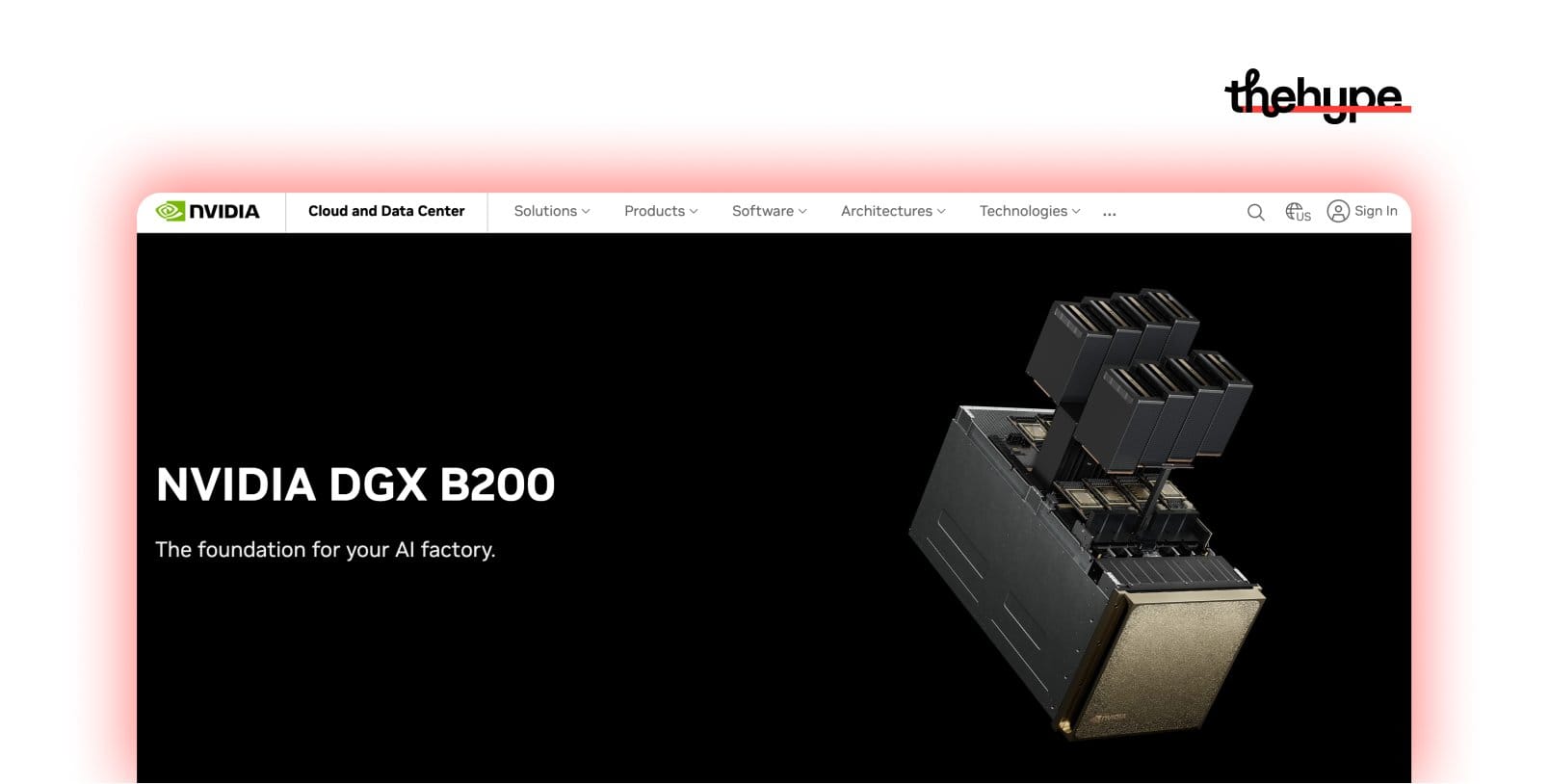 NVIDIA DGX B200 product page showing server hardware described as the foundation for AI factory infrastructure