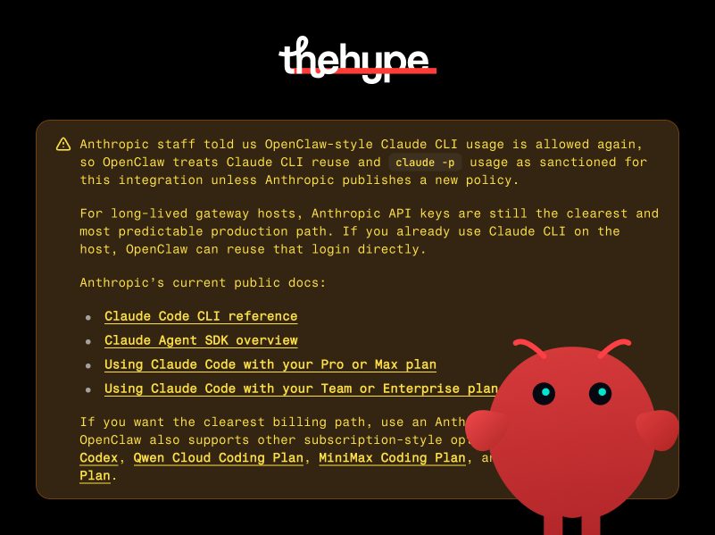 Note stating Anthropic staff confirmed OpenClaw-style Claude CLI usage is sanctioned again, with links to Claude Code docs and subscription plans.
