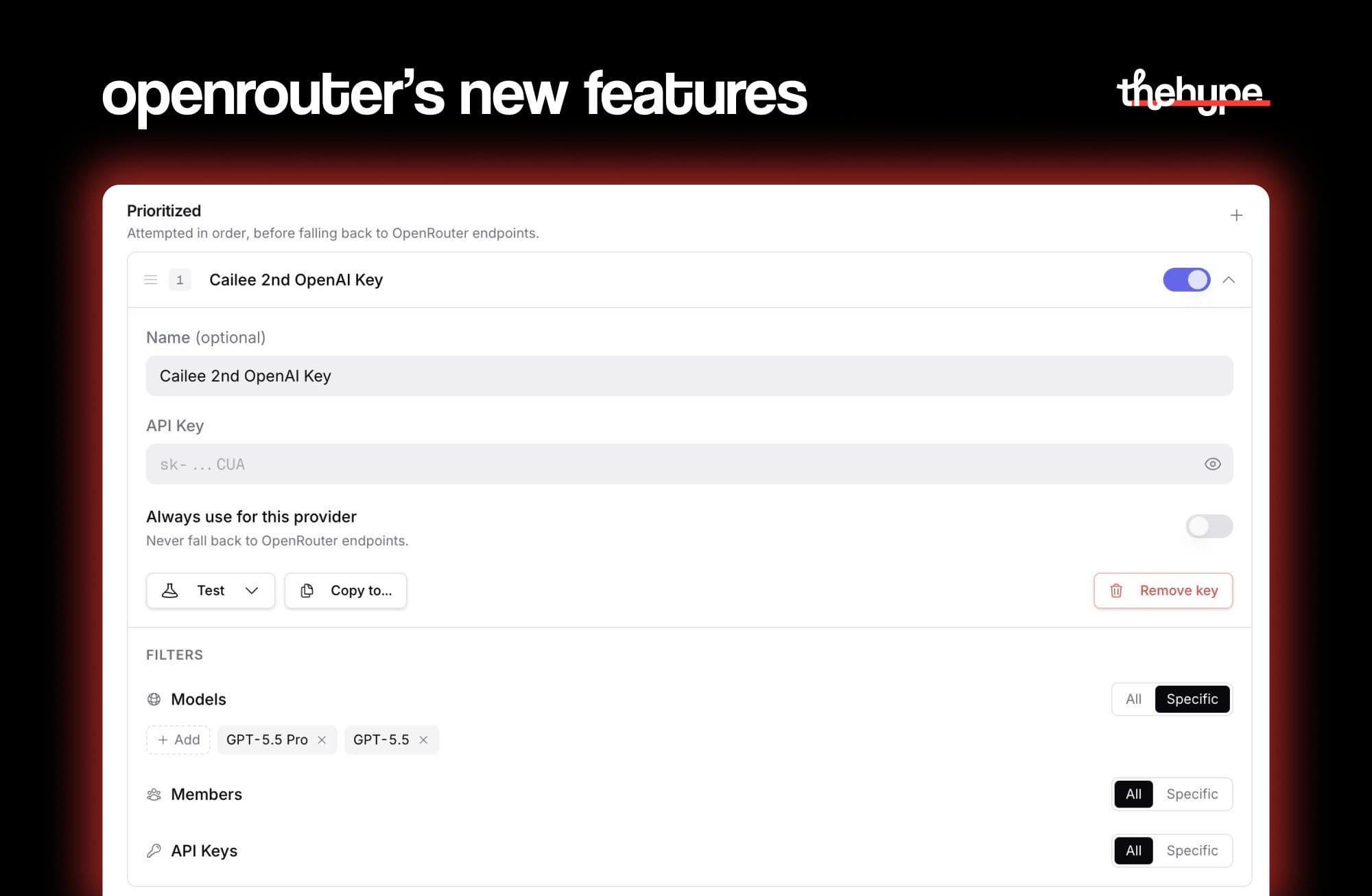 OpenRouter UI showing a prioritized provider key config with model filters set to GPT-5.5 Pro and GPT-5.5, with fallback toggle