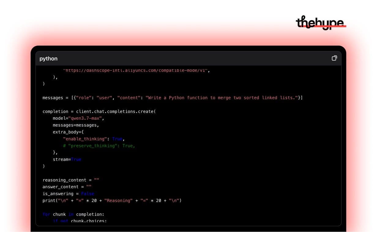 Python code showing qwen3.7-max API call with enable_thinking true and preserve_thinking commented out in extra_body parameters