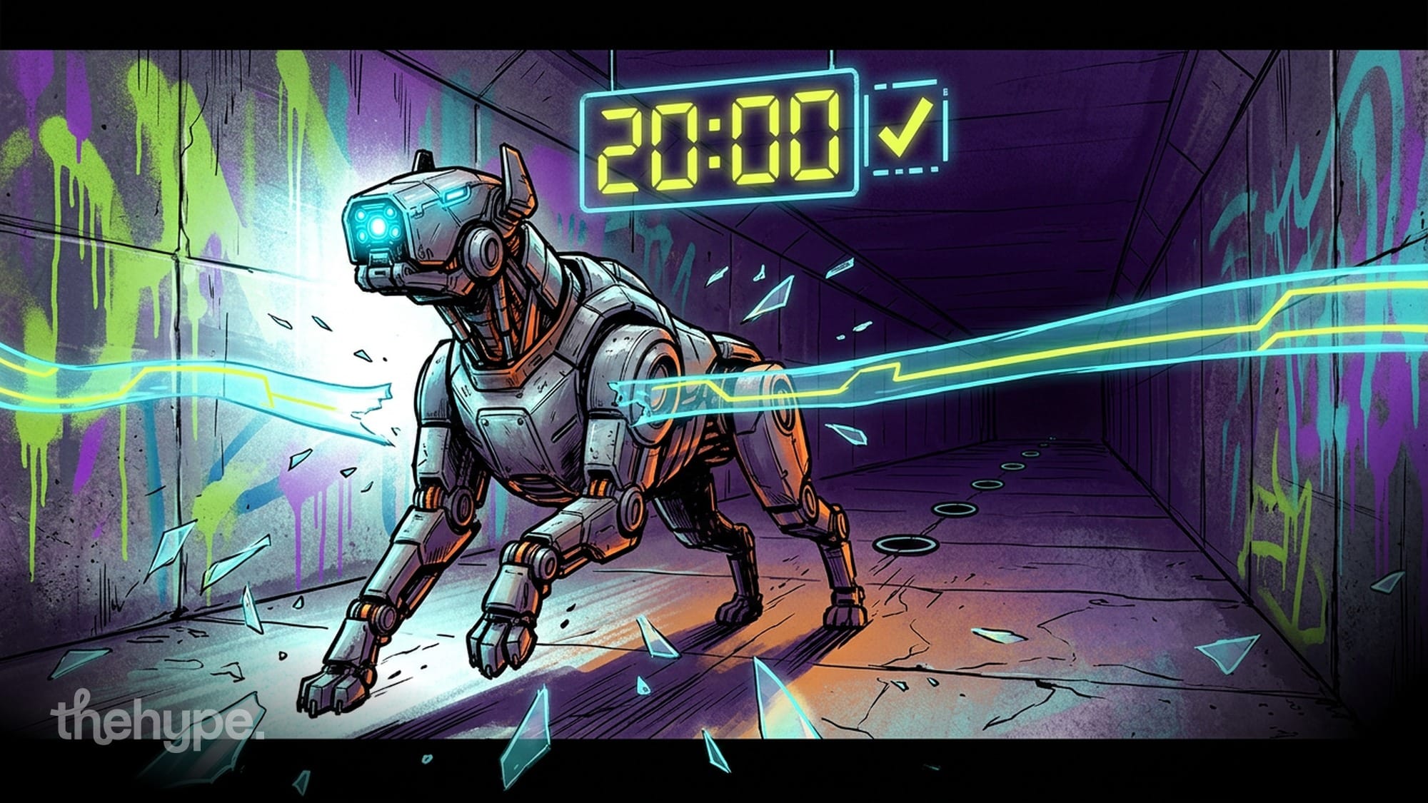 Mechanical robot dog in a corridor with neon light trails, timer showing 20:00 with a checkmark, illustrating Qwen 3.7's physical navigation demo
