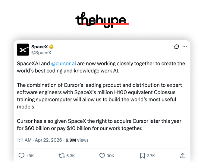 SpaceX tweet announcing partnership with Cursor and a $60B acquisition option or $10B partnership payment, posted Apr 22, 2026.