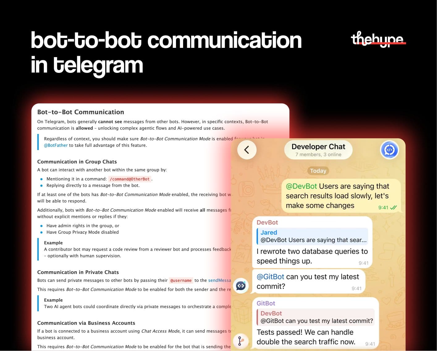 Telegram documentation and group chat showing DevBot and GitBot exchanging messages autonomously, illustrating bot-to-bot communication mode