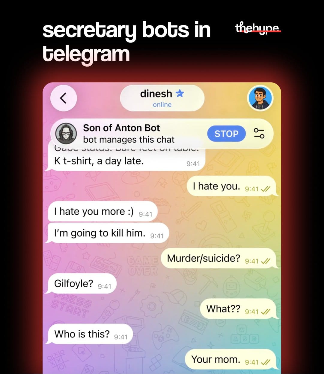 Telegram chat mockup titled "secretary bots in telegram" showing Son of Anton Bot managing a conversation between two users