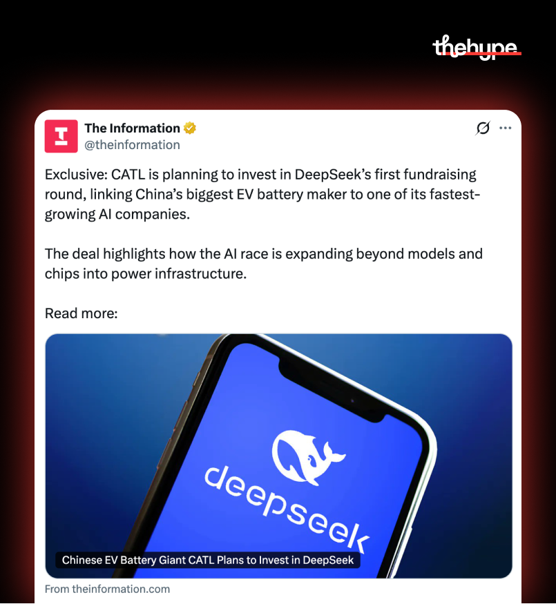 The Information post reporting CATL plans to invest in DeepSeek's fundraising round, phone showing DeepSeek logo
