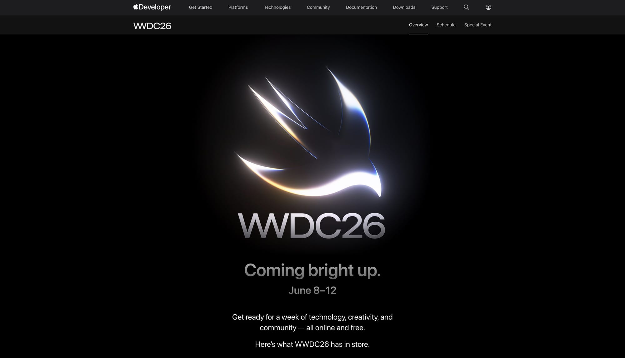 Apple Developer page showing WWDC26 announcement with Swift logo and tagline "Coming bright up. June 8–12"