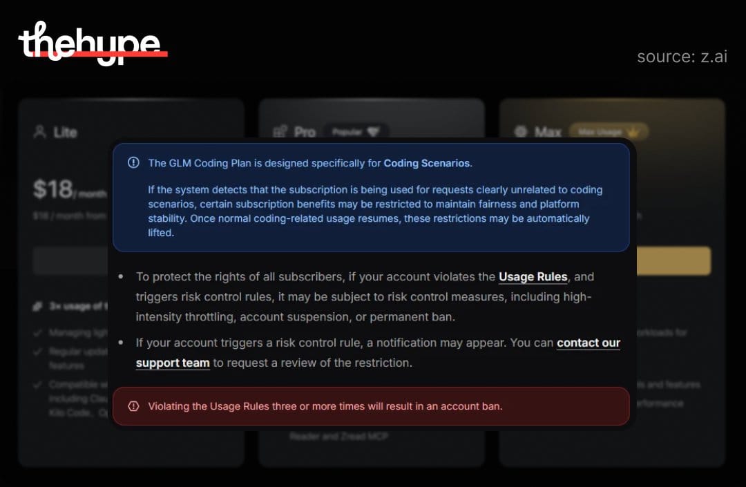 Z.ai pricing page popup explaining the GLM Coding Plan is for coding scenarios only, with throttling, suspension, and three-strike ban warnings.