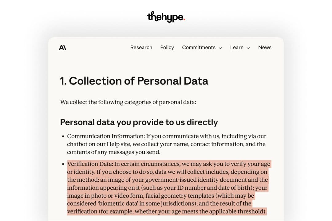Anthropic privacy policy screenshot with highlighted section on verification data including government ID, facial geometry, and biometric collection