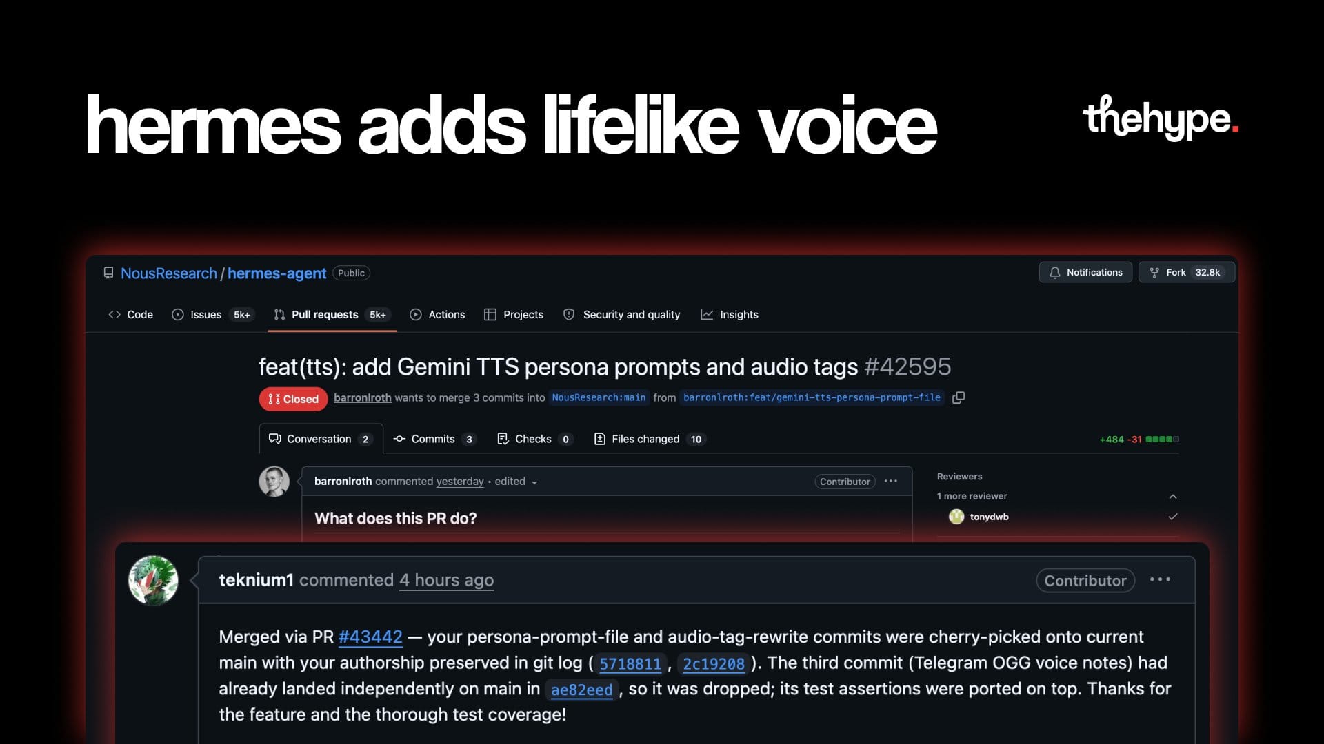 GitHub pull request for Hermes agent adding Gemini TTS persona prompts and audio tags, showing PR #42595 merged on NousResearch repository