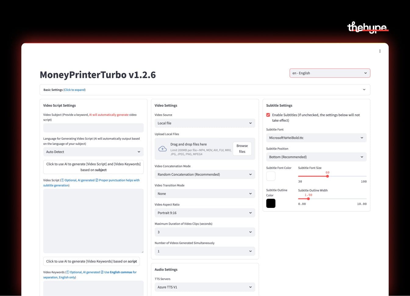 MoneyPrinterTurbo v1.2.6 web interface with video script, video settings, and subtitle configuration panels for AI video generation