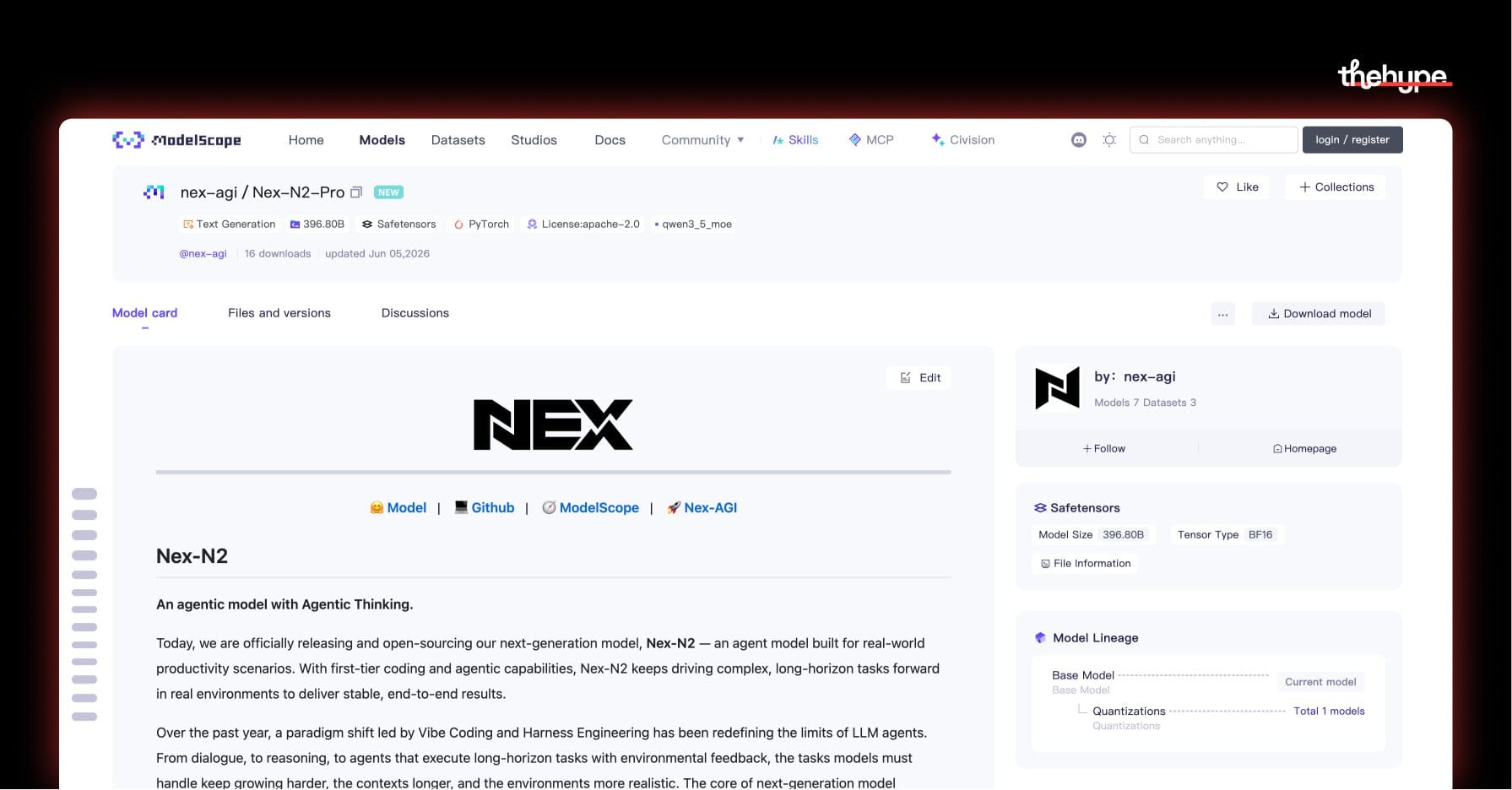 ModelScope model card for Nex-N2-Pro showing 396.80B params, Apache-2.0 license, and Qwen3.5 MoE base with agentic thinking