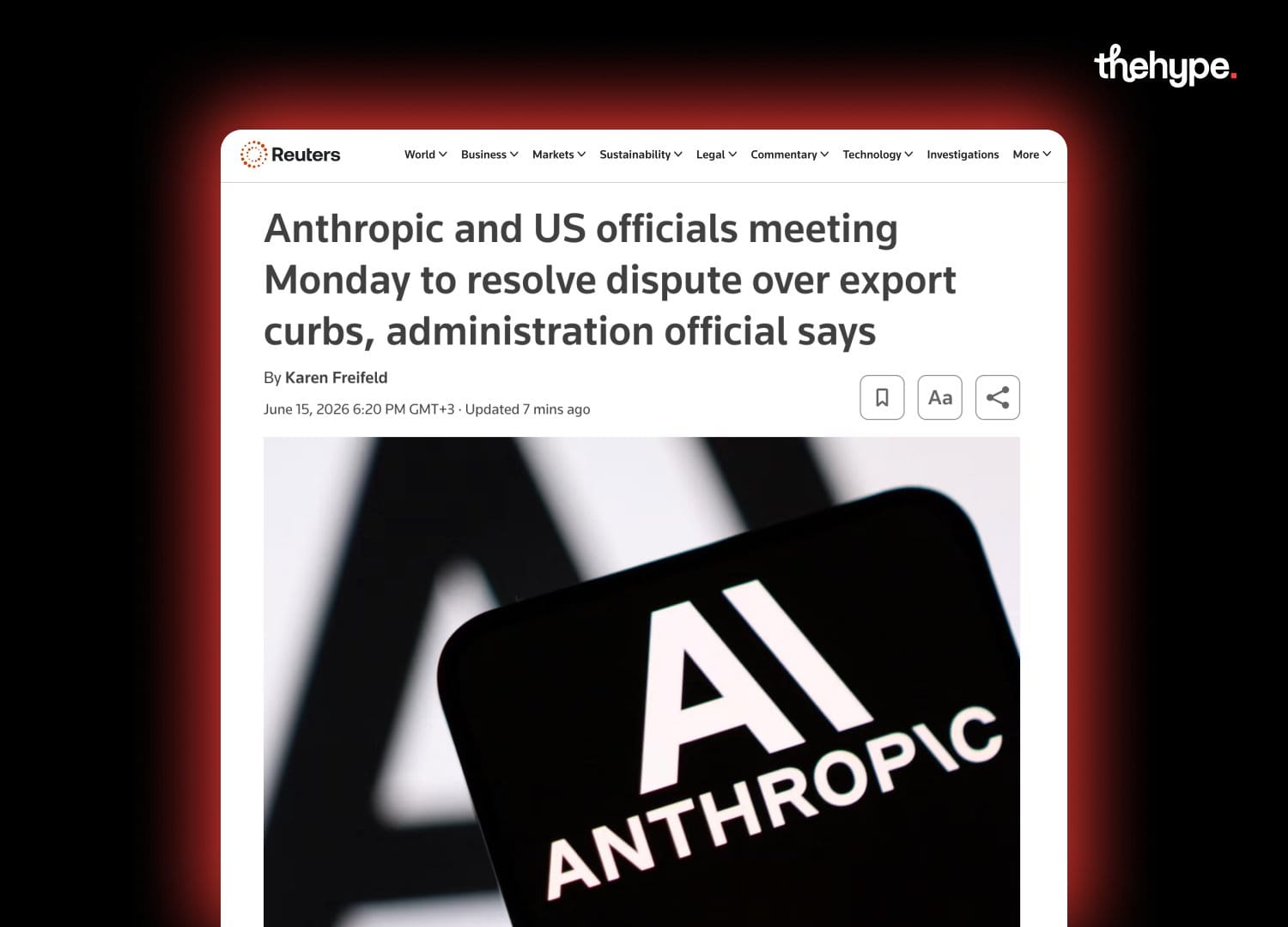 Reuters headline reporting Anthropic and US officials meeting to resolve export curb dispute, with Anthropic logo on screen