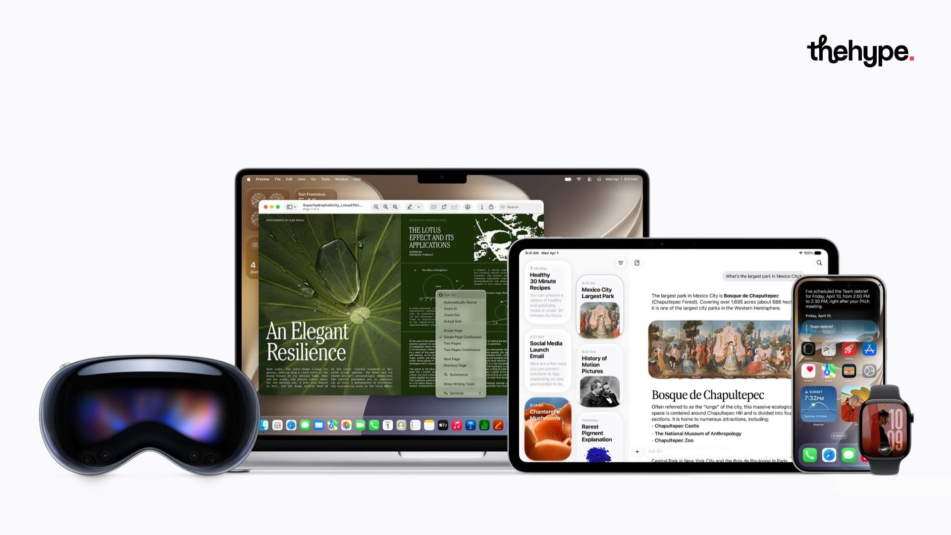 Apple Vision Pro, MacBook, iPad, iPhone, and Apple Watch displaying Siri AI conversations and writing tools across all surfaces