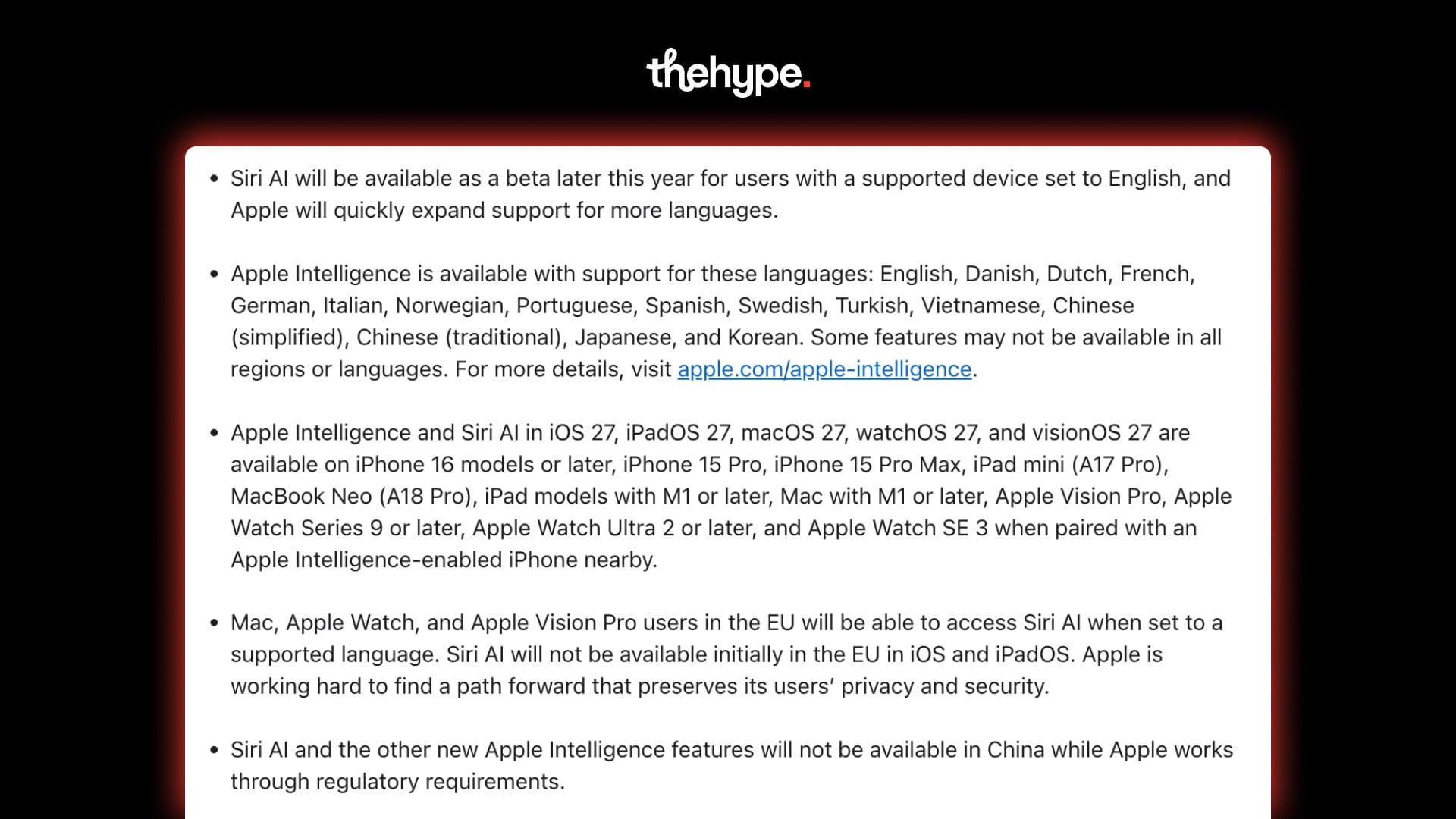 Text card listing Siri AI availability details including supported languages, compatible devices, and EU and China regional restrictions