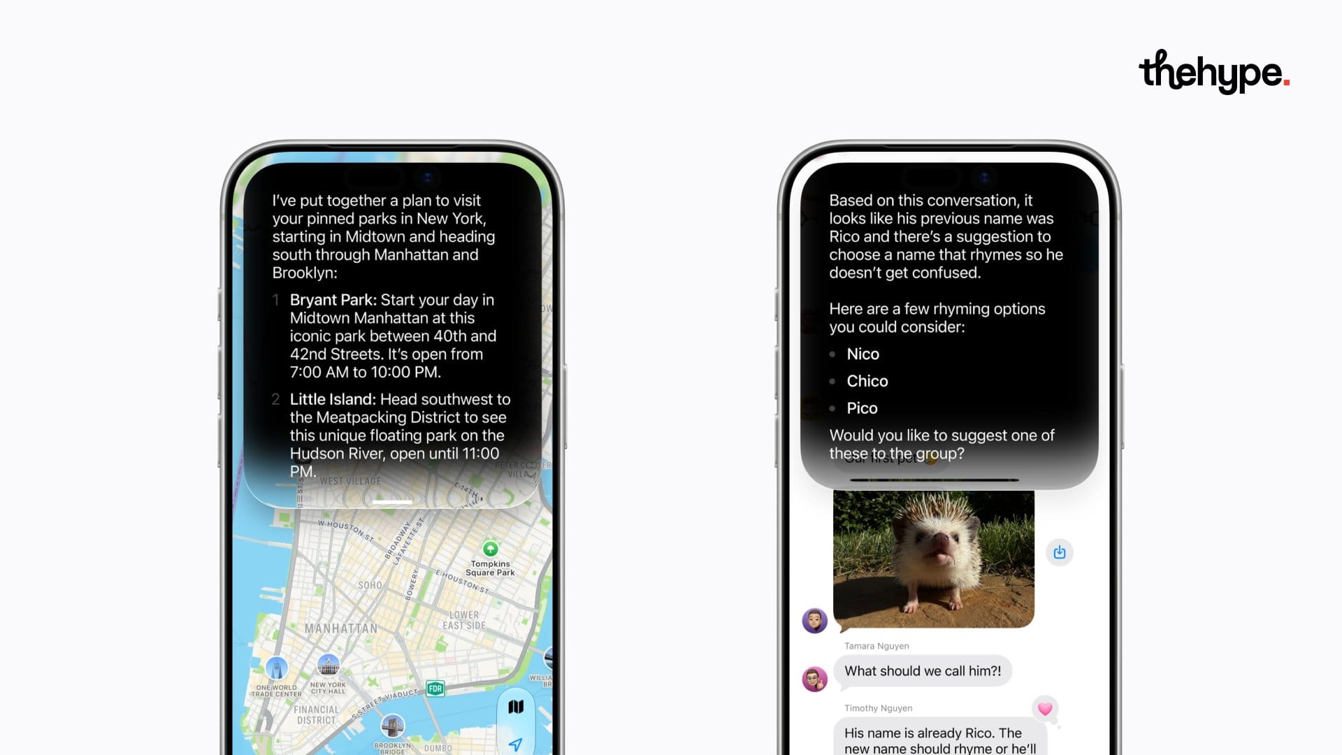 Two iPhones showing Siri AI planning a NYC park route on a map and suggesting pet names from a group chat conversation