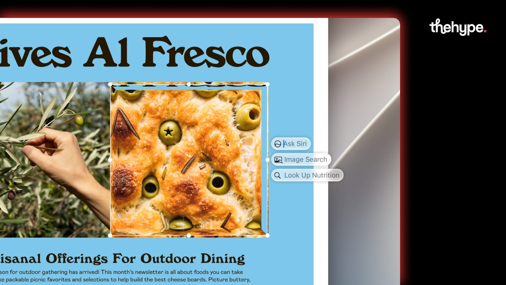 Mac screen showing Visual Intelligence selecting a focaccia photo with context menu options for Ask Siri, Image Search, and Look Up Nutrition