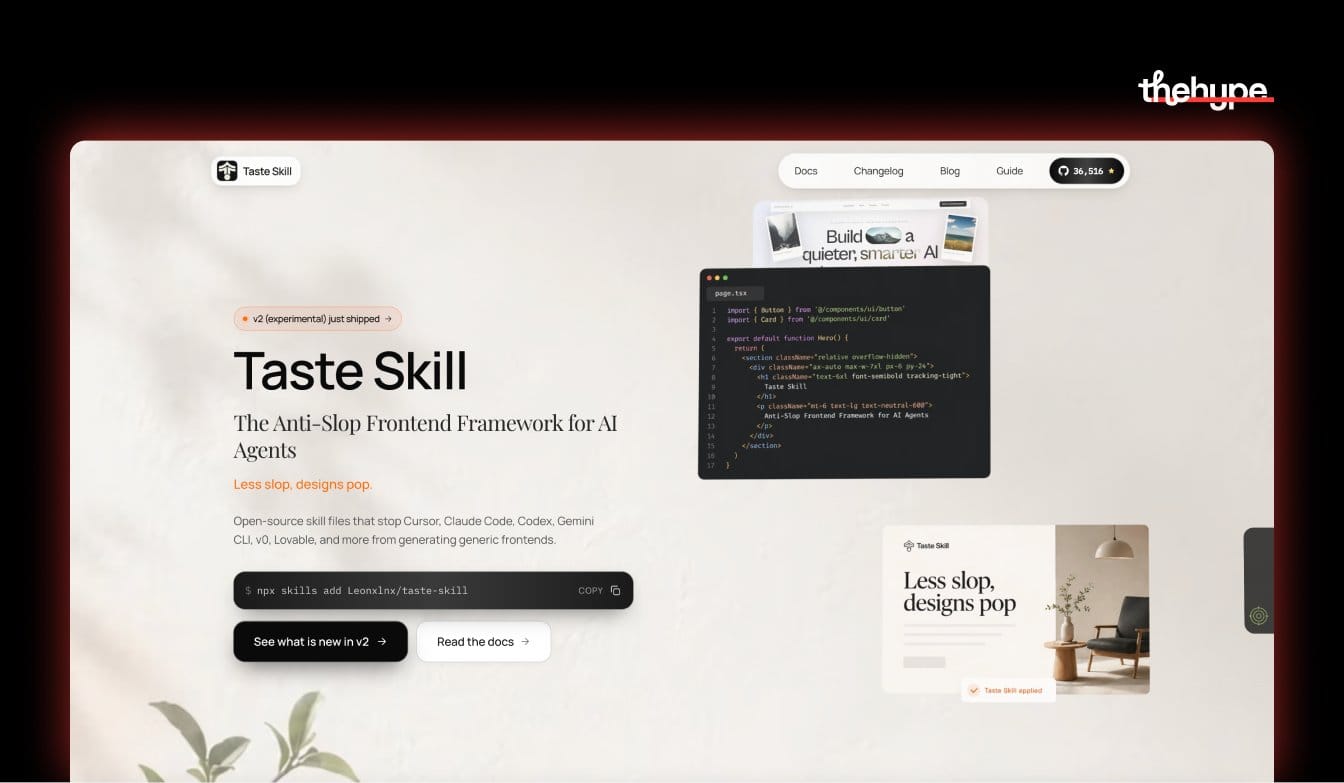 Taste Skill homepage titled The Anti-Slop Frontend Framework for AI Agents, with code snippets and interior design UI examples