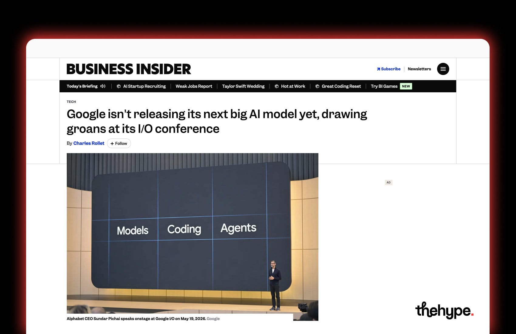 Business Insider headline on Google delaying its next big AI model at I/O, with Sundar Pichai onstage beside a Models, Coding, Agents screen.