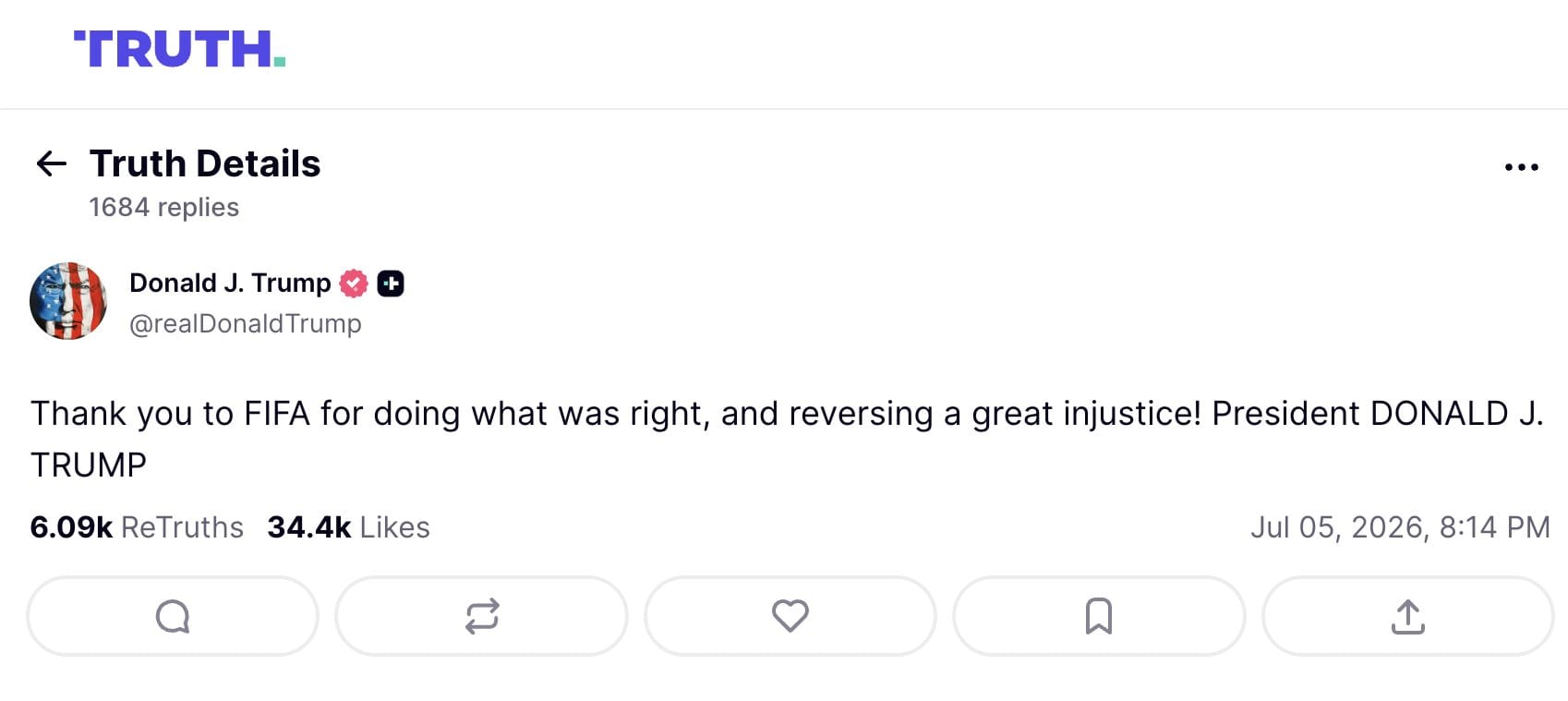 Truth Social post from Donald J. Trump thanking FIFA for reversing an injustice, 6.09k ReTruths, dated Jul 05, 2026 — the Balogun red card reversal