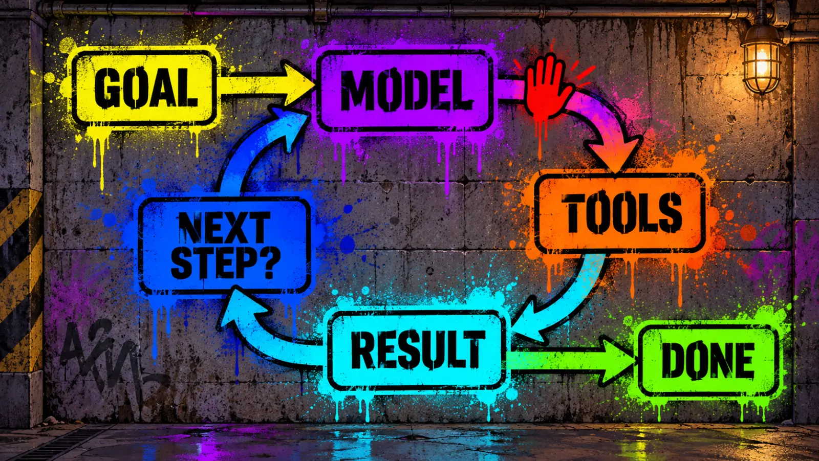 Diagram of the AI agent loop: GOAL goes into MODEL, MODEL calls TOOLS, TOOLS return a RESULT, the agent decides the NEXT STEP and loops back to MODEL, or finishes with DONE