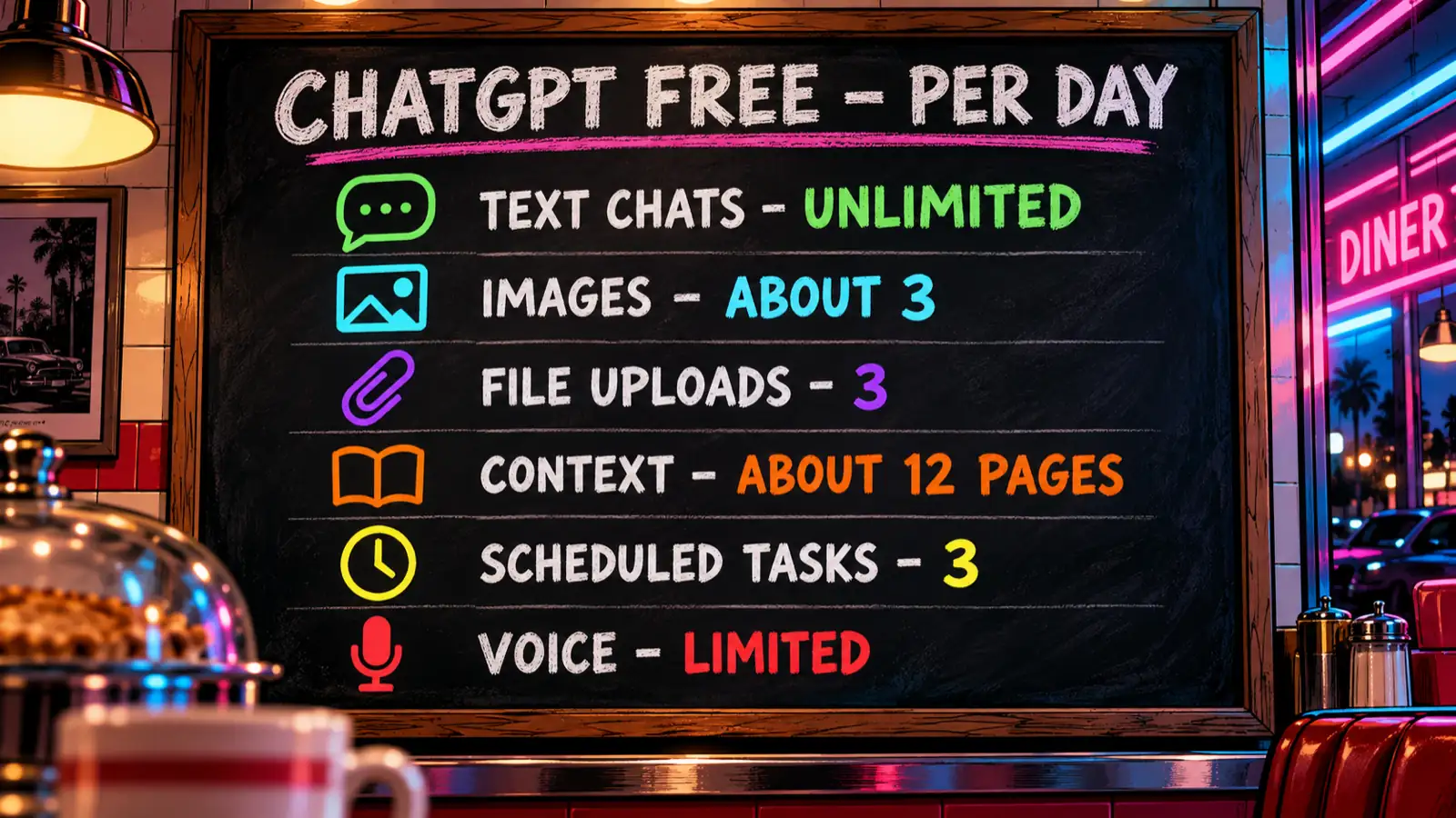 ChatGPT free limits per day: unlimited text chats, about 3 images, 3 file uploads, 3 scheduled tasks, limited voice