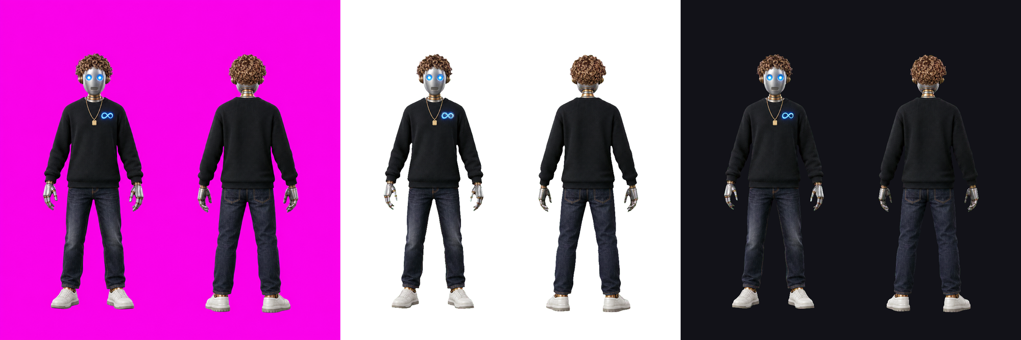 The same robot sheet three times: on the flat magenta backdrop, then keyed to alpha and checked on white and on a dark background